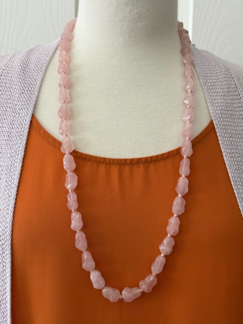Vintage Rose Quartz Necklace 30 Inches Silver Clasp